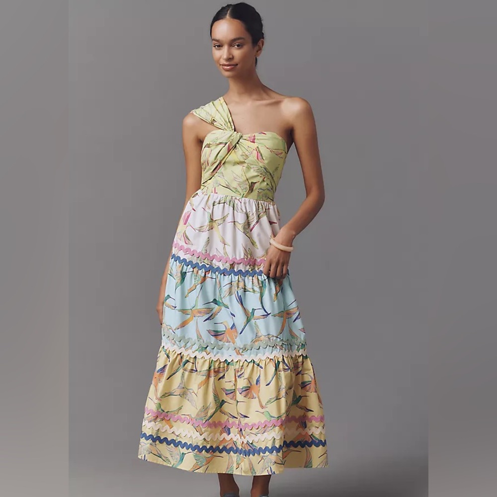FARM Rio X One-Shoulder Tiered Midi Dress - Hummingbird Size Small NWT - Picture 1 of 7